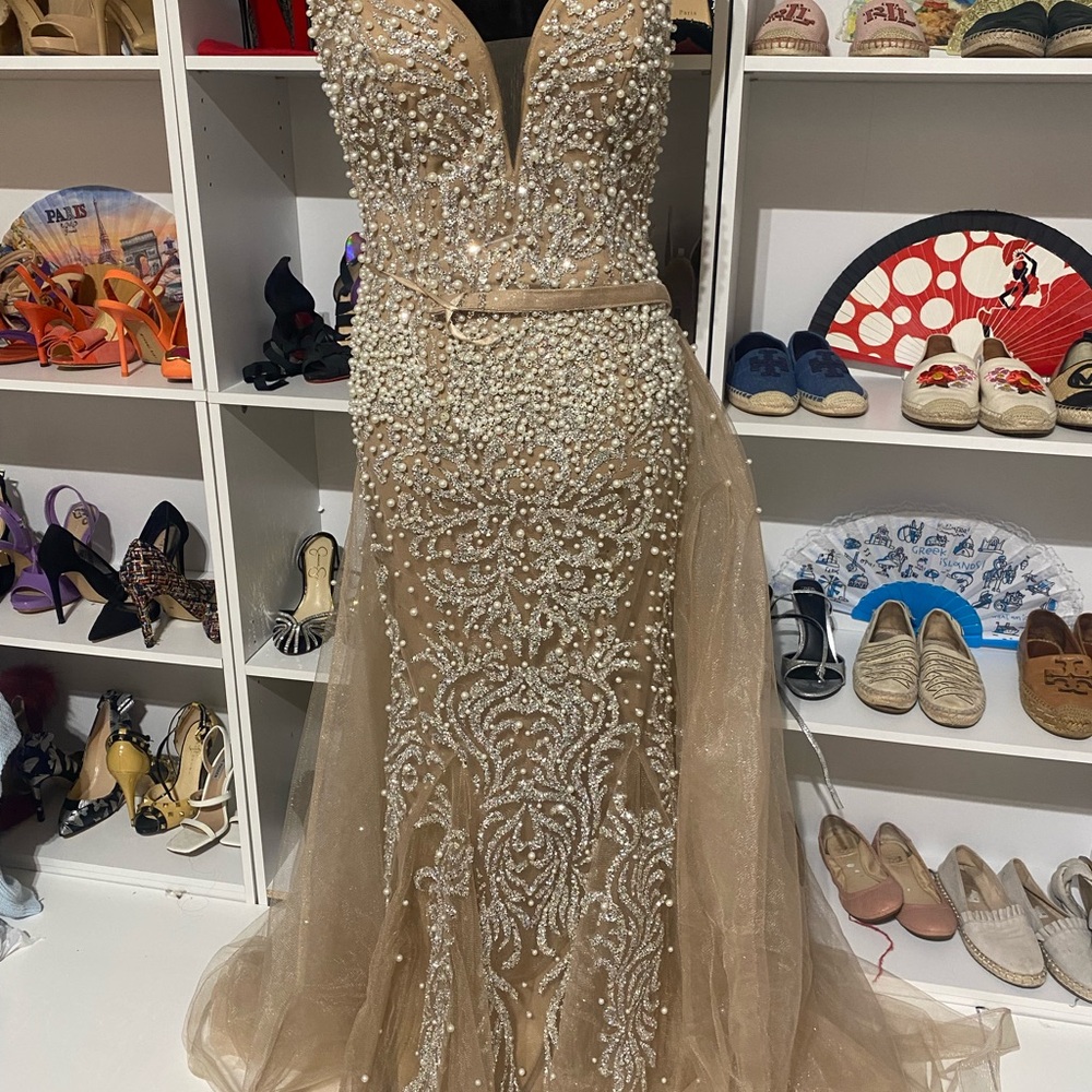 Elegant Pearl beaded snowflaked Embellished Evening Gown